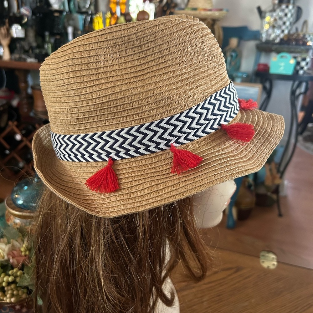 Tan Straw Fedora Hat with Red Tassels